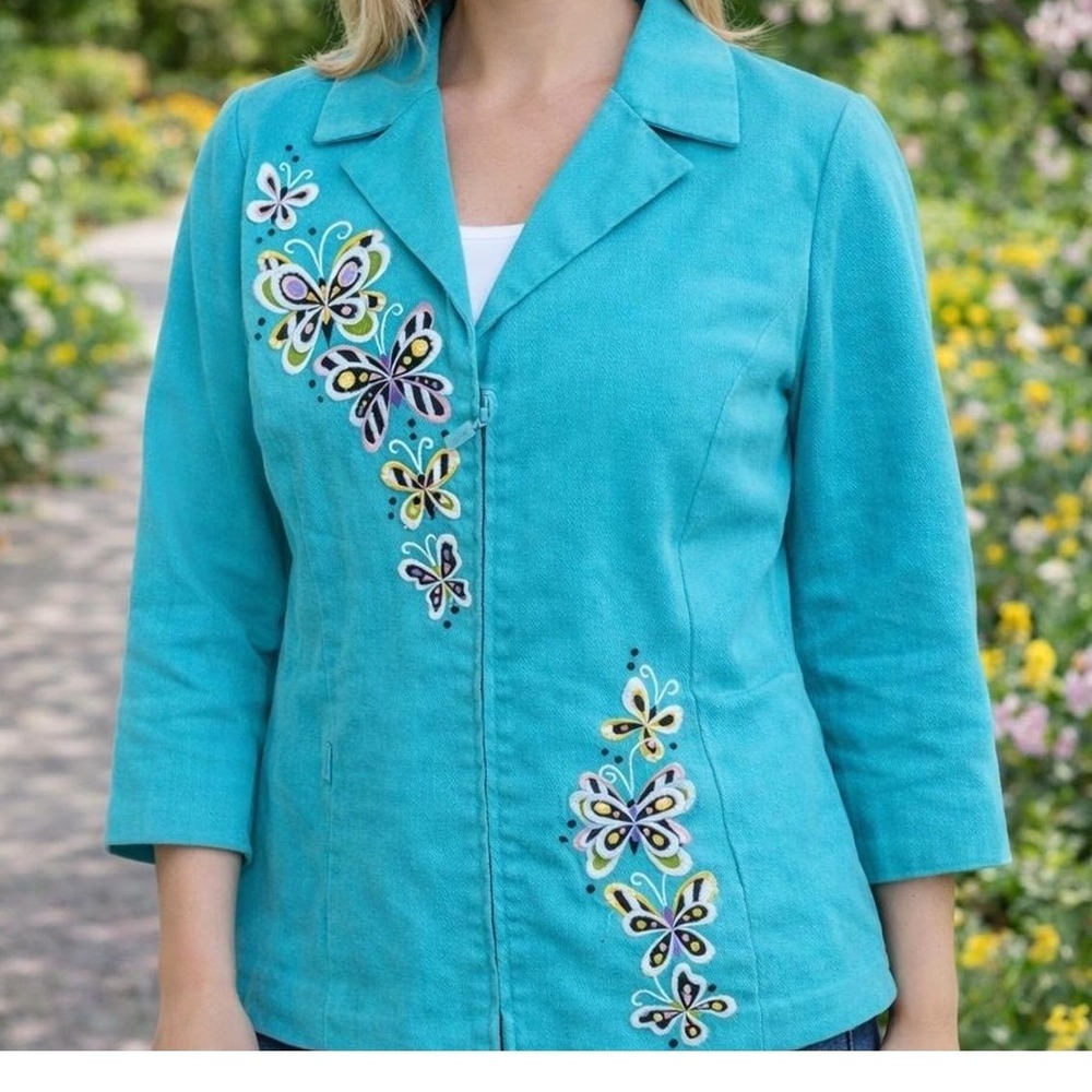 Bob Mackie Butterfly Embroidered Jacket Womens Small Turquoise Blue Zip